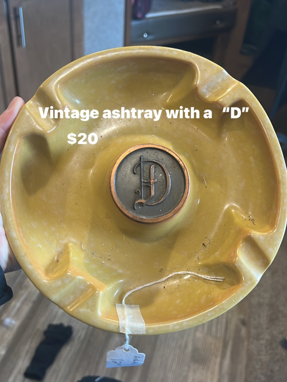 Vintage Yellow Ceramic Ashtray with Letter D Medallion